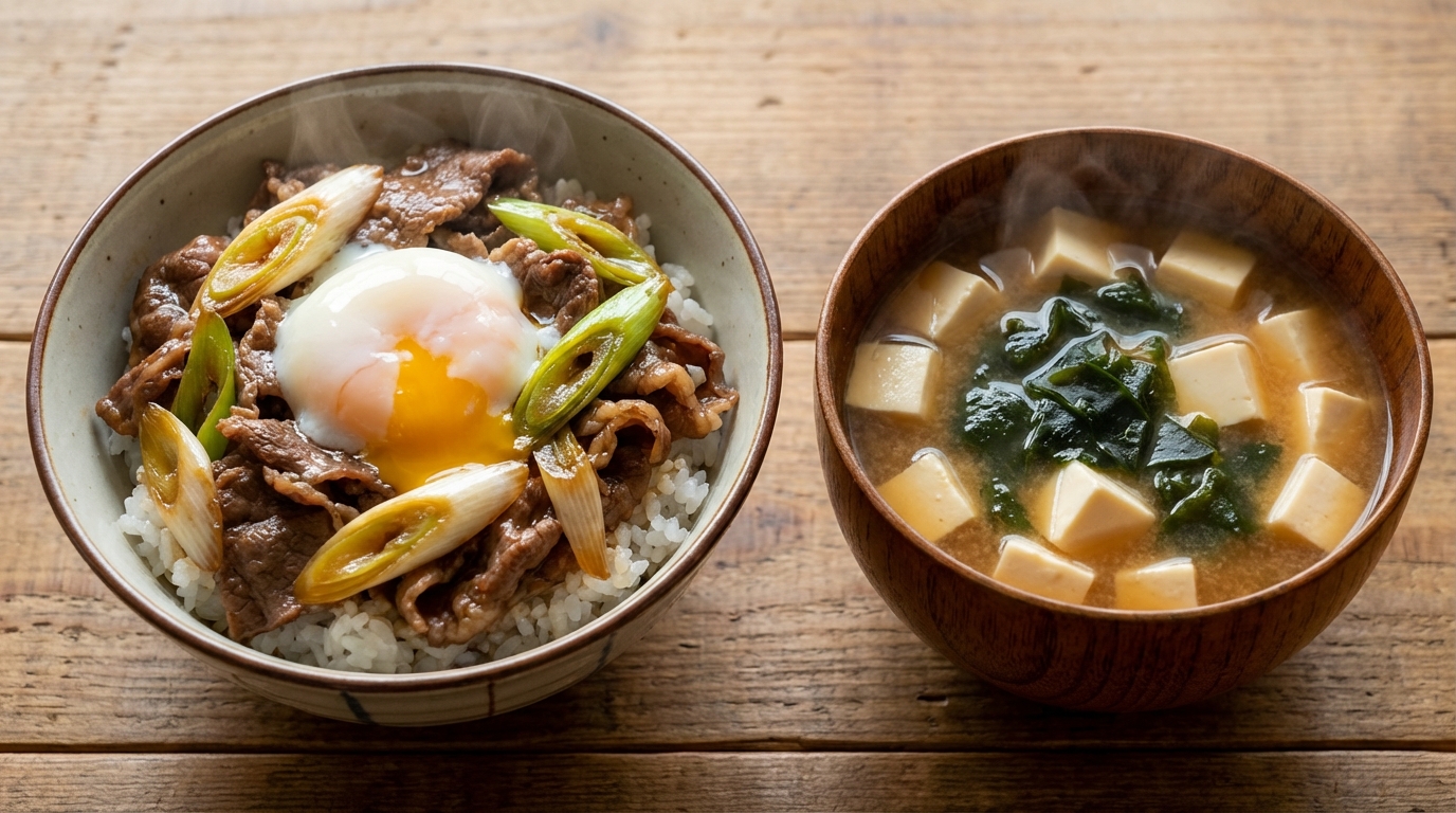 温玉のせ すき焼き風牛のっけごはんと、豆腐とわかめのみそ汁
