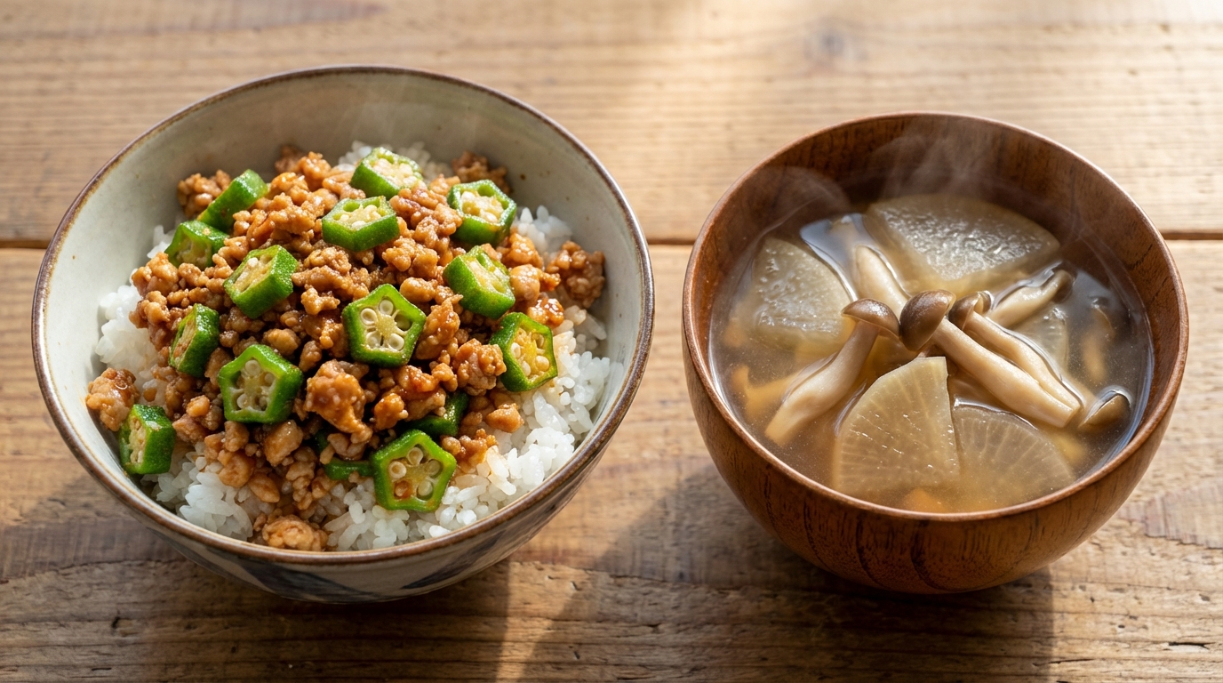 オクラと鶏ひき肉の旨辛コチュジャンごはんと、大根としめじの中華風スープ