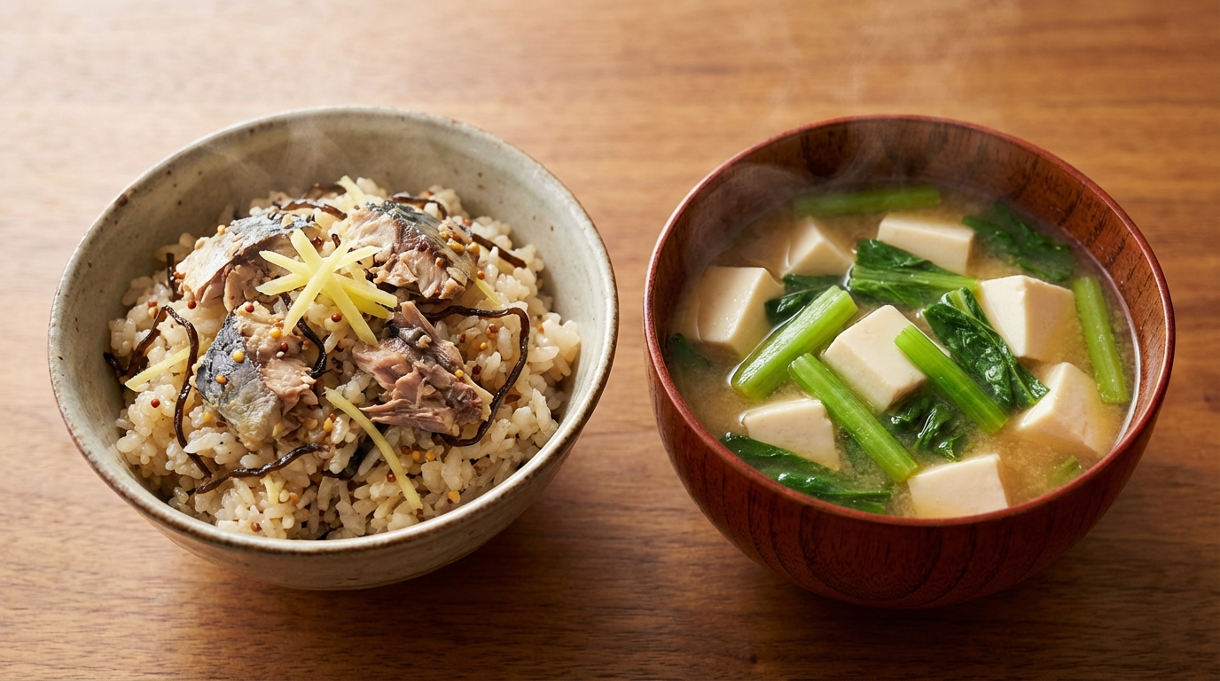 さば缶と塩昆布のマスタード混ぜごはんと、豆腐と小松菜の具だくさんみそ汁