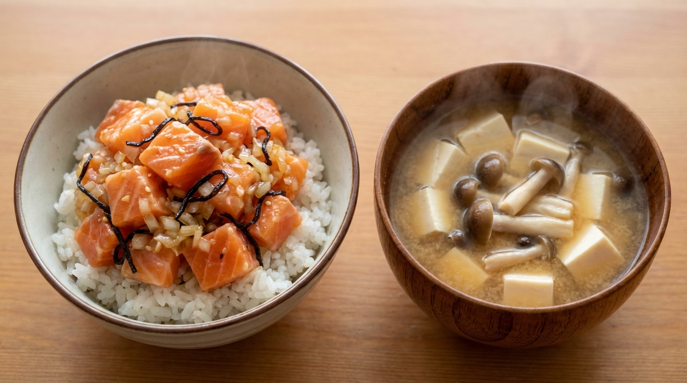 サーモンと玉ねぎの塩昆布和えのっけごはんと、豆腐としめじの具だくさんみそ汁