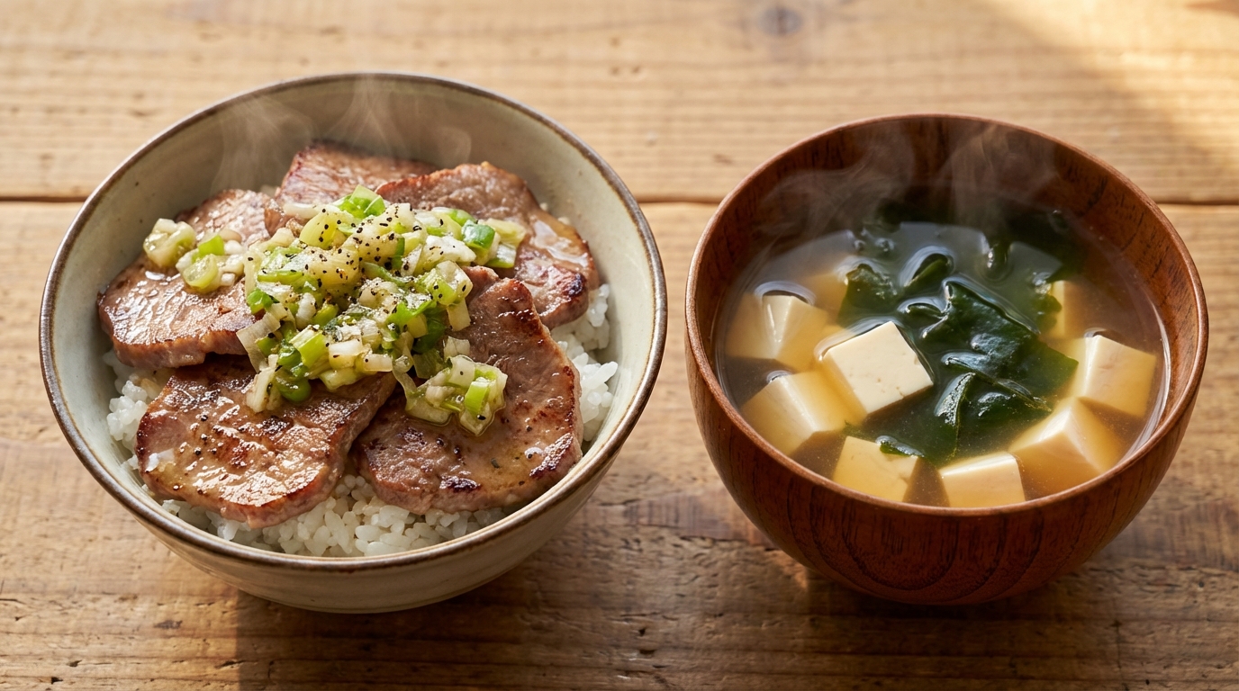 ねぎ塩牛タンのっけごはんと、豆腐とわかめのシンプルすまし汁