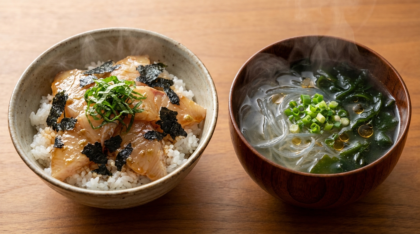 ひらめの青じそわさびじょうゆのっけごはんと、春雨とわかめの中華風スープ