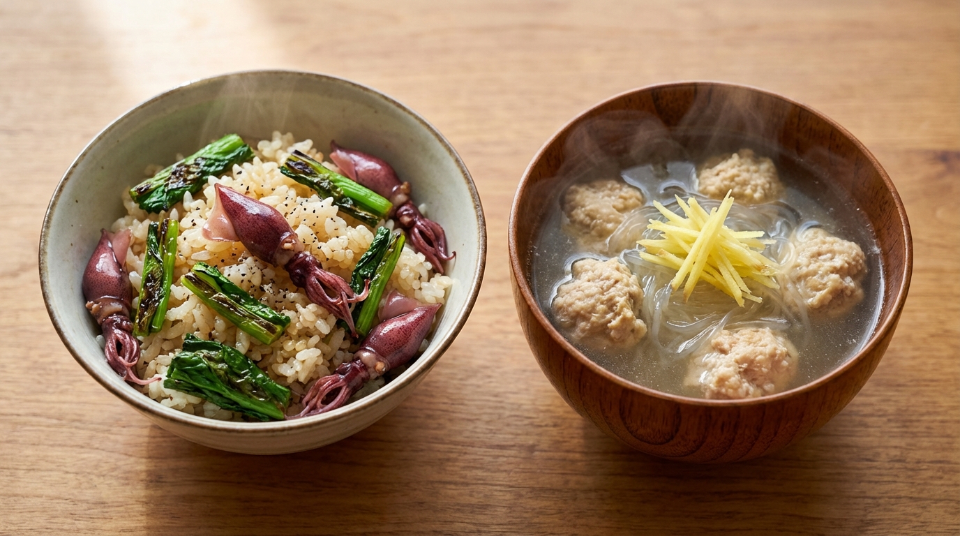香ばし菜の花とホタルイカの混ぜごはんと、鶏だんごと春雨のしょうがスープ