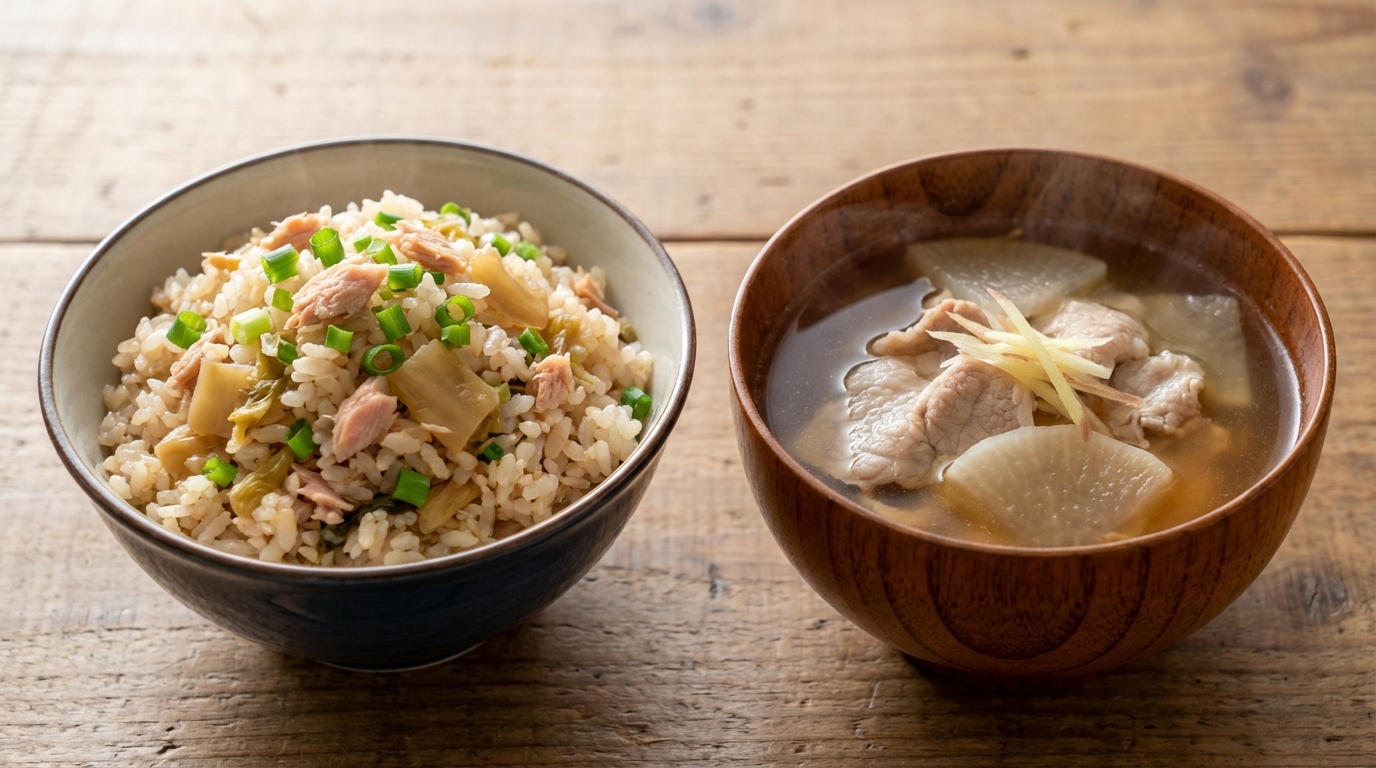 ツナとザーサイの旨み混ぜごはんと、豚肉と大根のしょうがスープ