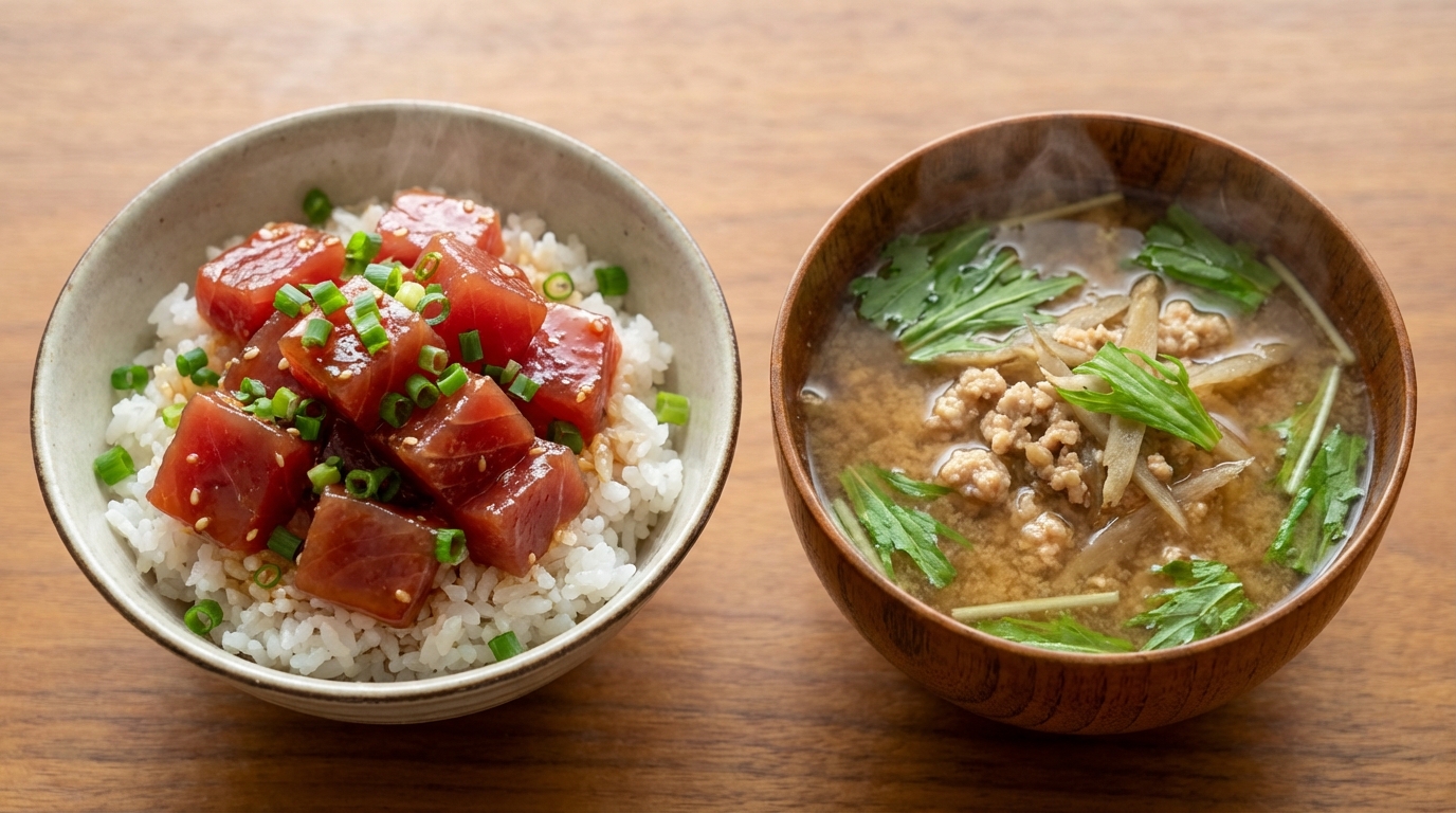 まぐろの香ばしごま油のっけごはんと、鶏ひき肉とごぼうの旨みみそ汁
