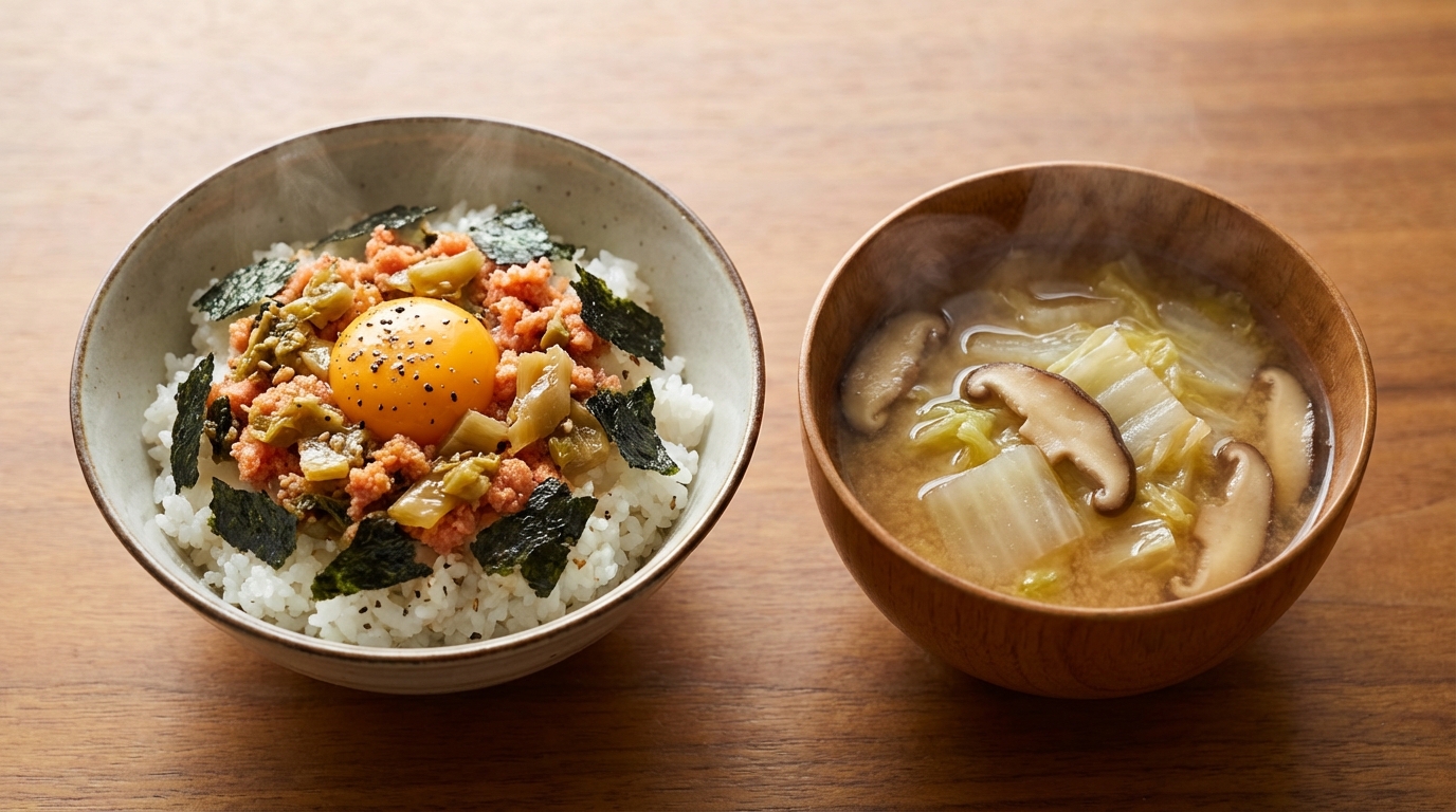 明太子とザーサイのピリ辛卵かけごはんと、白菜としいたけの旨みみそ汁