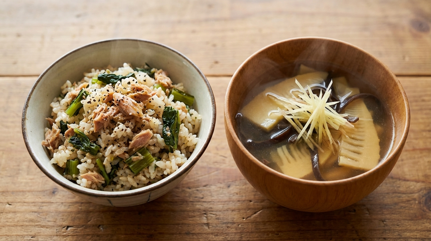 野沢菜とツナの黒こしょう混ぜごはんと、たけのこときくらげのしょうがスープ