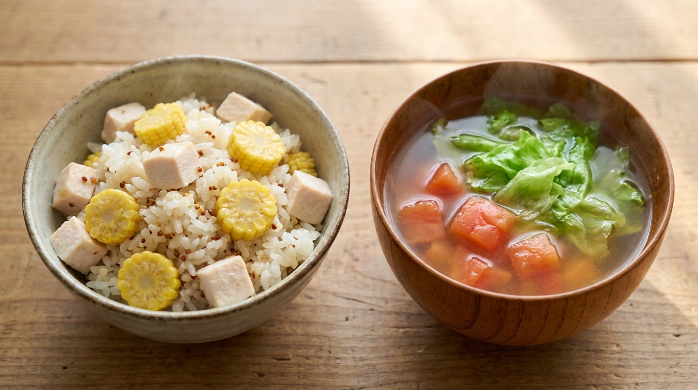 ヤングコーンと鶏むね肉の粒マスタード混ぜごはんと、トマトとレタスのコンソメスープ