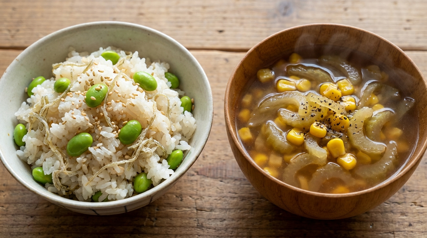 枝豆ととろろ昆布のレモン混ぜごはんと、コーンとセロリの旨みスープ