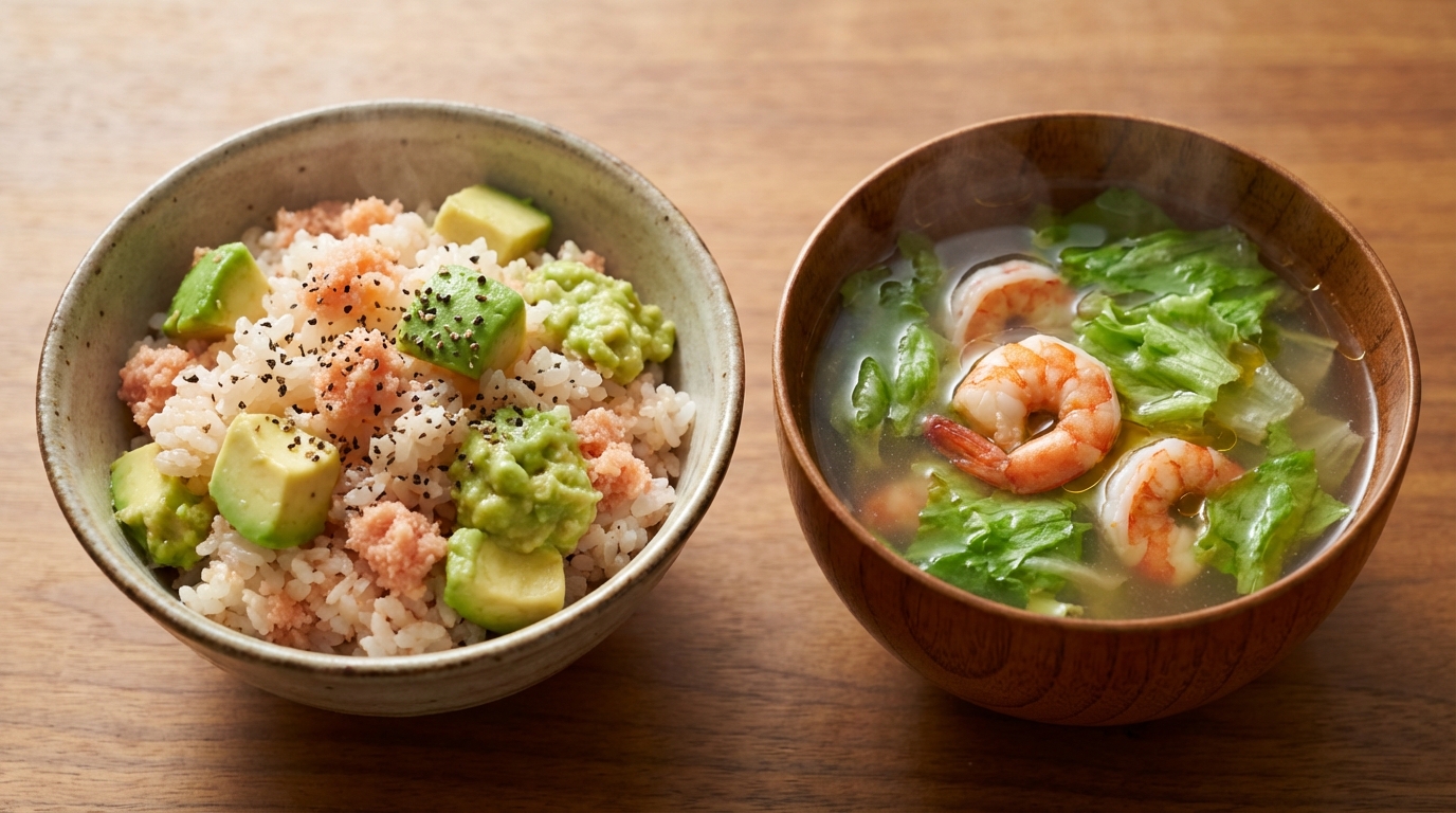 たらことアボカドのレモン黒こしょう混ぜごはんと、えびとレタスの中華スープ