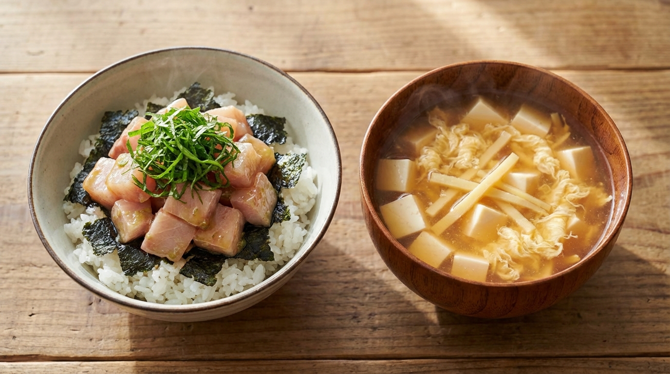 かんぱちの青じそわさびじょうゆのっけごはんと、豆腐とたけのこの酸辣湯風スープ