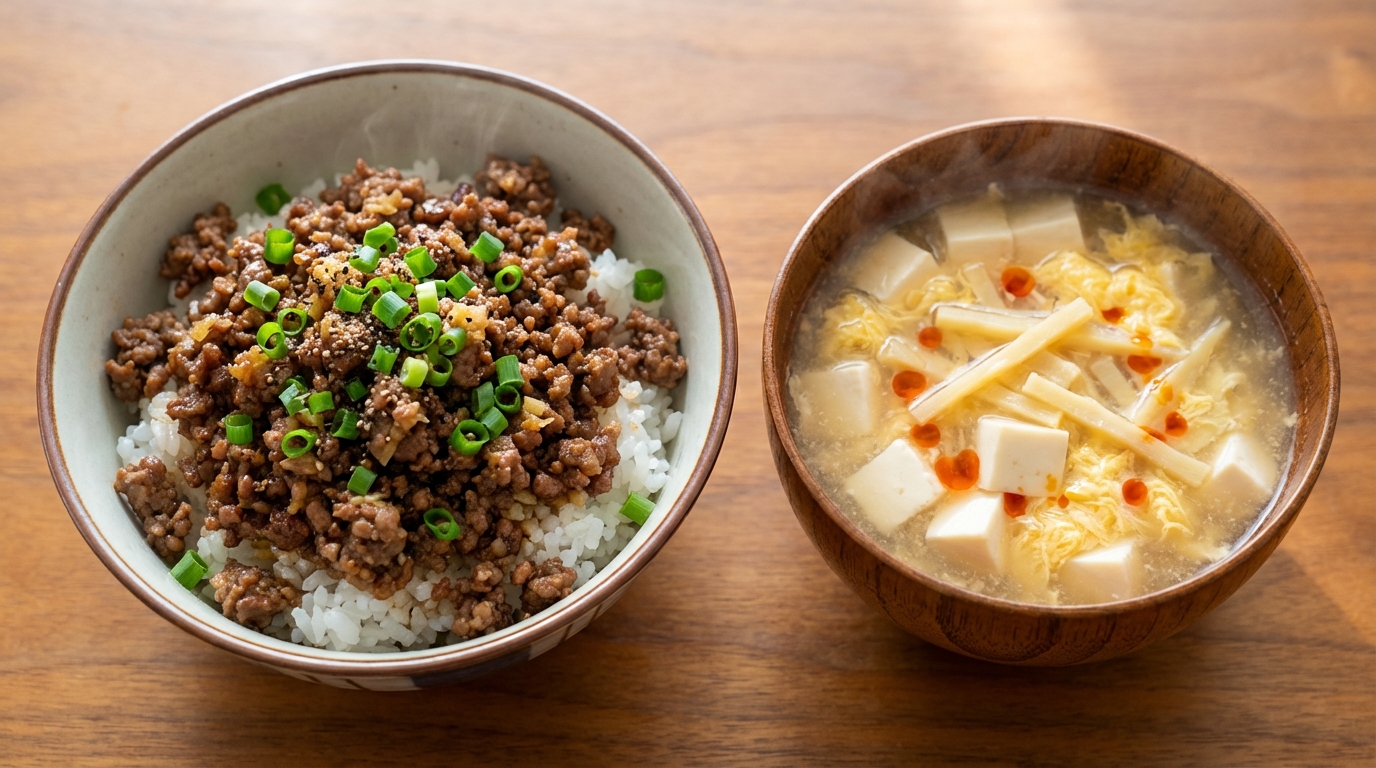 合びき肉の黒こしょう生姜じょうゆのっけごはんと、豆腐とたけのこの酸辣湯風スープ