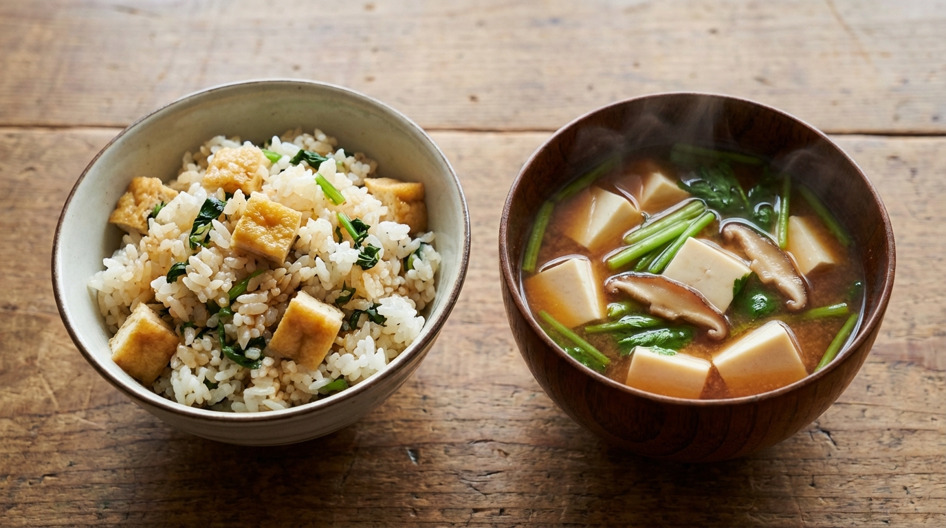 油揚げと大根葉の香ばし混ぜごはんと、豆腐としいたけの具だくさんみそ汁