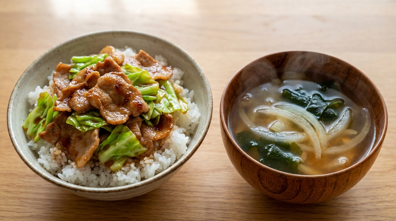 春キャベツと豚こまのしょうが焼きのっけごはんと、新玉ねぎの甘み引き立つすまし汁