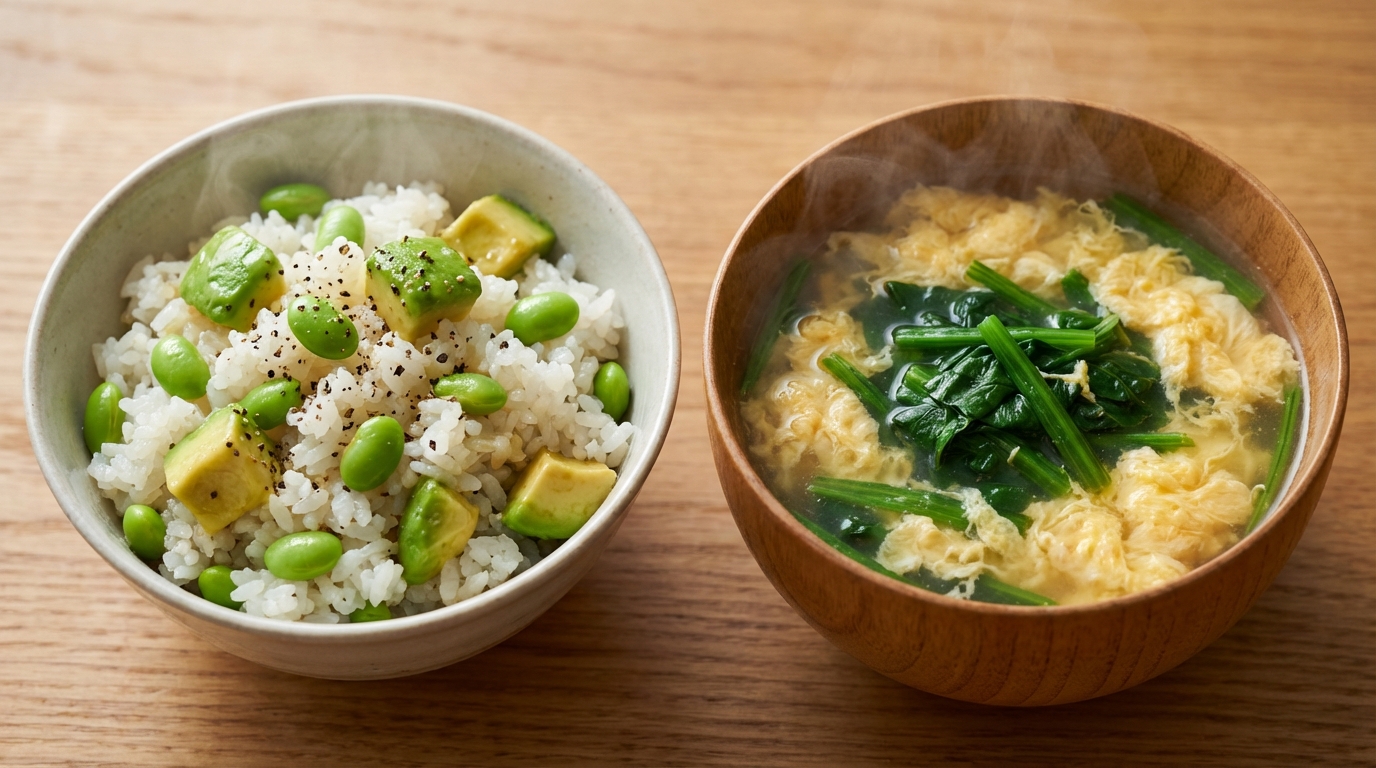 枝豆とアボカドの爽やかレモン混ぜごはんと、ほうれんそうとふんわり卵の中華スープ