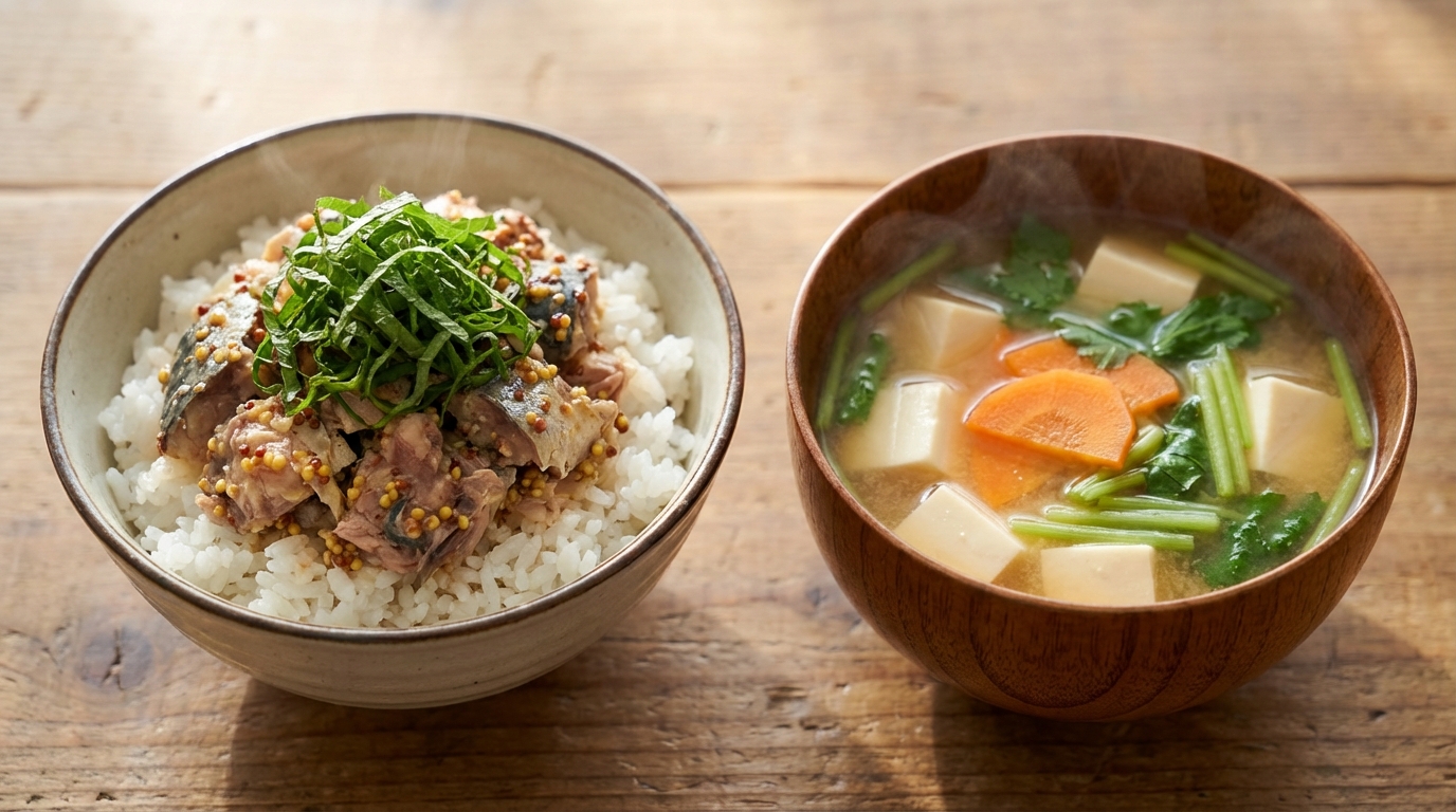 さば缶の粒マスタード和えのっけごはんと、豆腐とにんじんの彩りみそ汁