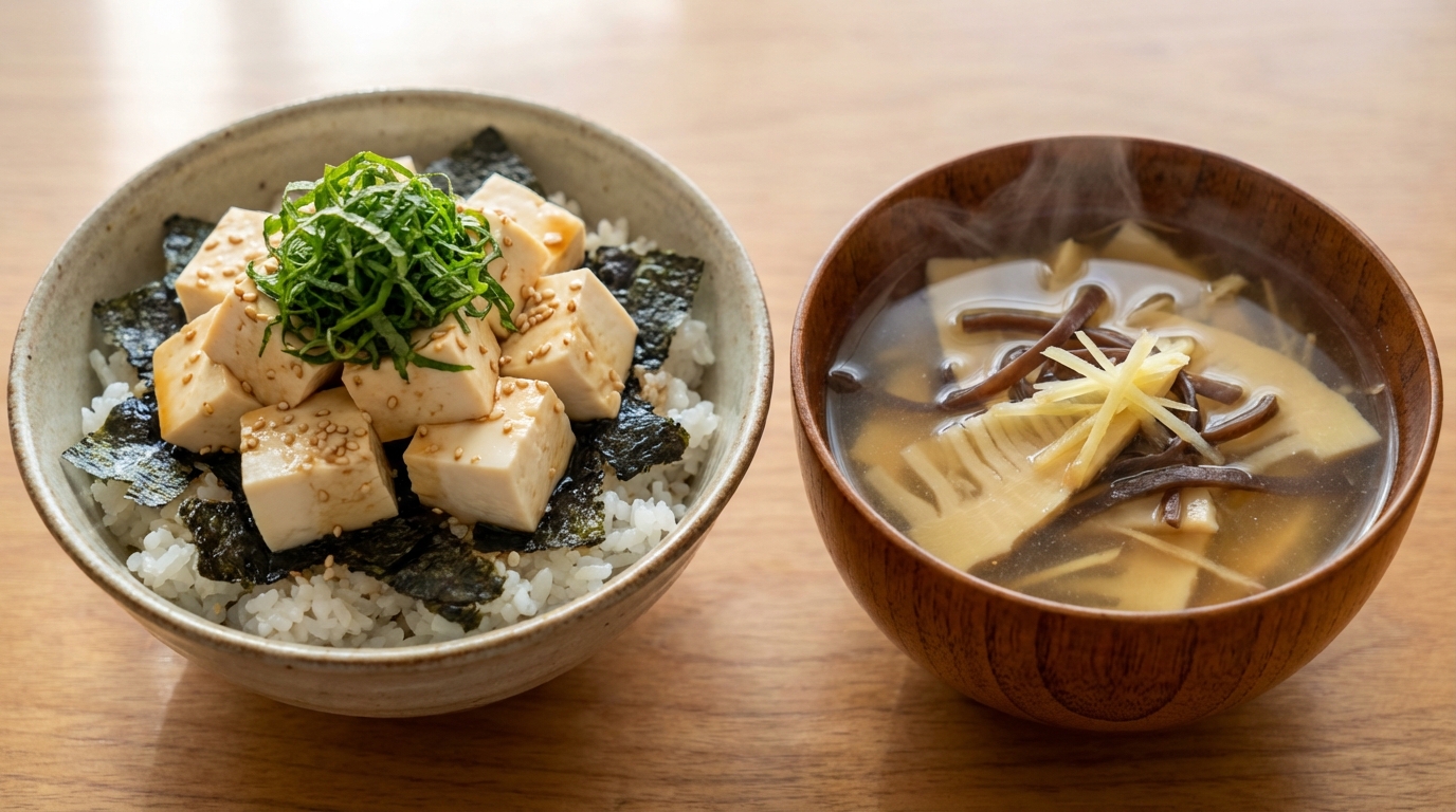 豆腐と青じその磯香るのっけごはんと、たけのこときくらげのしょうがスープ
