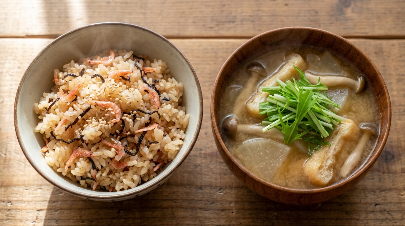桜えびと塩昆布のバターしょうゆ混ぜごはんと、厚揚げと大根の具だくさんみそ汁