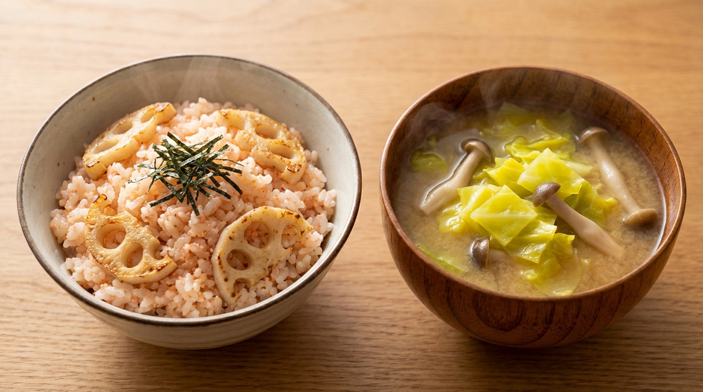 焼きれんこんと明太マヨの混ぜごはんと、春キャベツとしめじのみそ汁