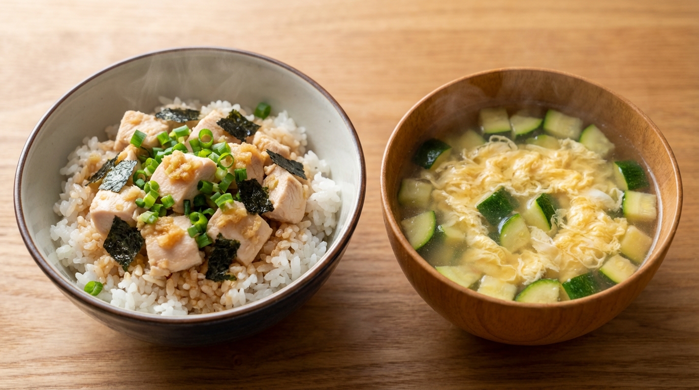 鶏むね肉の生姜じょうゆのっけごはんと、ズッキーニのふんわり卵スープ
