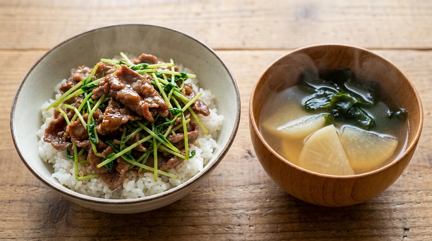 豆苗と牛肉のオイスターのっけごはんと、かぶとわかめのスープ