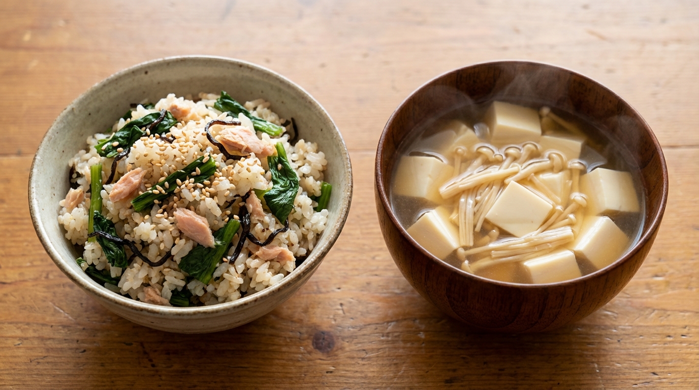 春菊とツナの塩昆布混ぜごはんと、豆腐とえのきのすまし汁