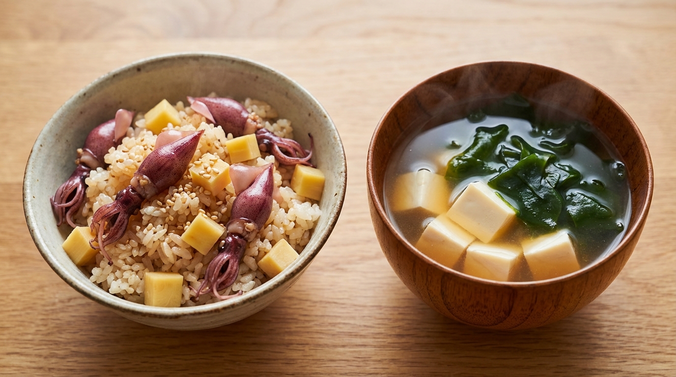 ホタルイカとたけのこの香り混ぜごはんと、わかめと豆腐のすまし汁
