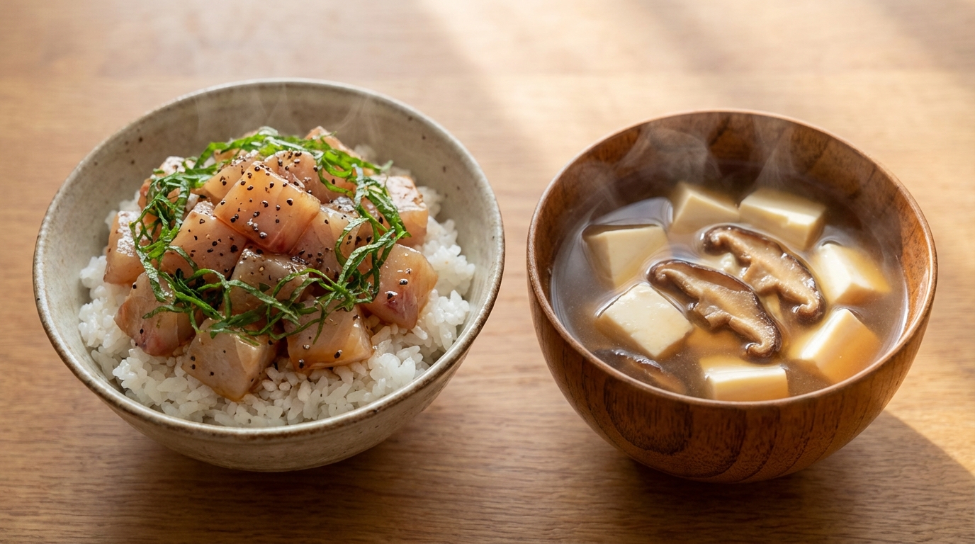 かんぱちの黒こしょうわさびじょうゆのっけごはんと、豆腐と干ししいたけの旨みスープ