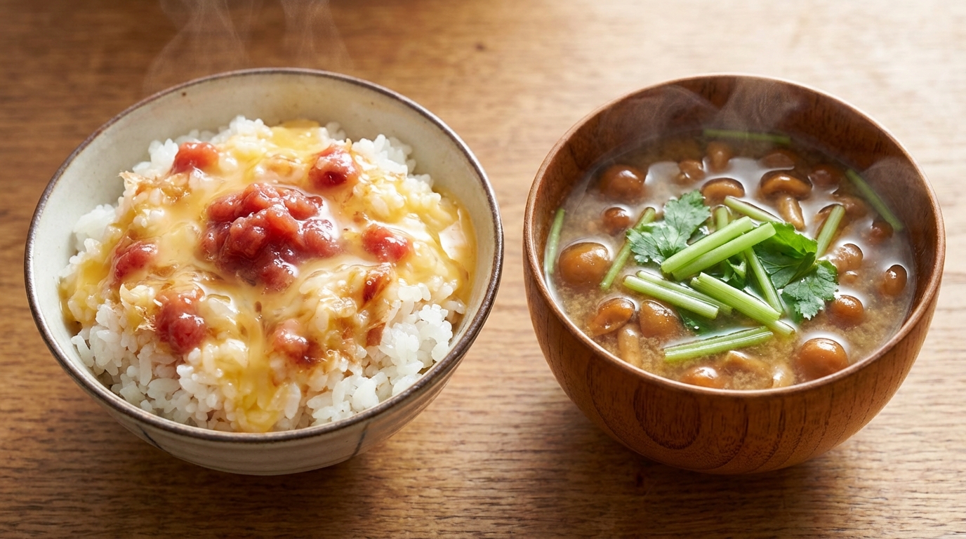 梅おかか卵かけごはんと、なめことみつばの具だくさんみそ汁