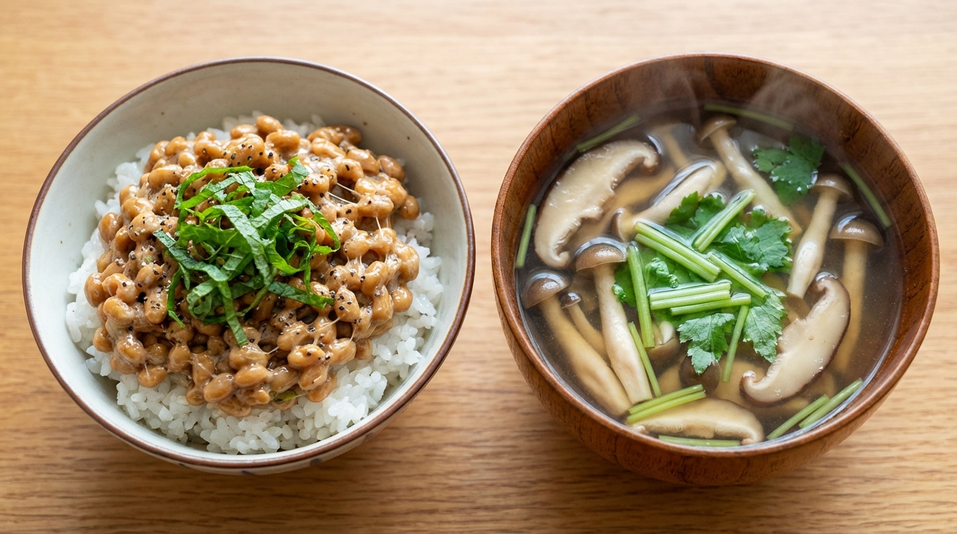 納豆と青じその黒こしょうのっけごはんと、二種のきのことみつばのすまし汁