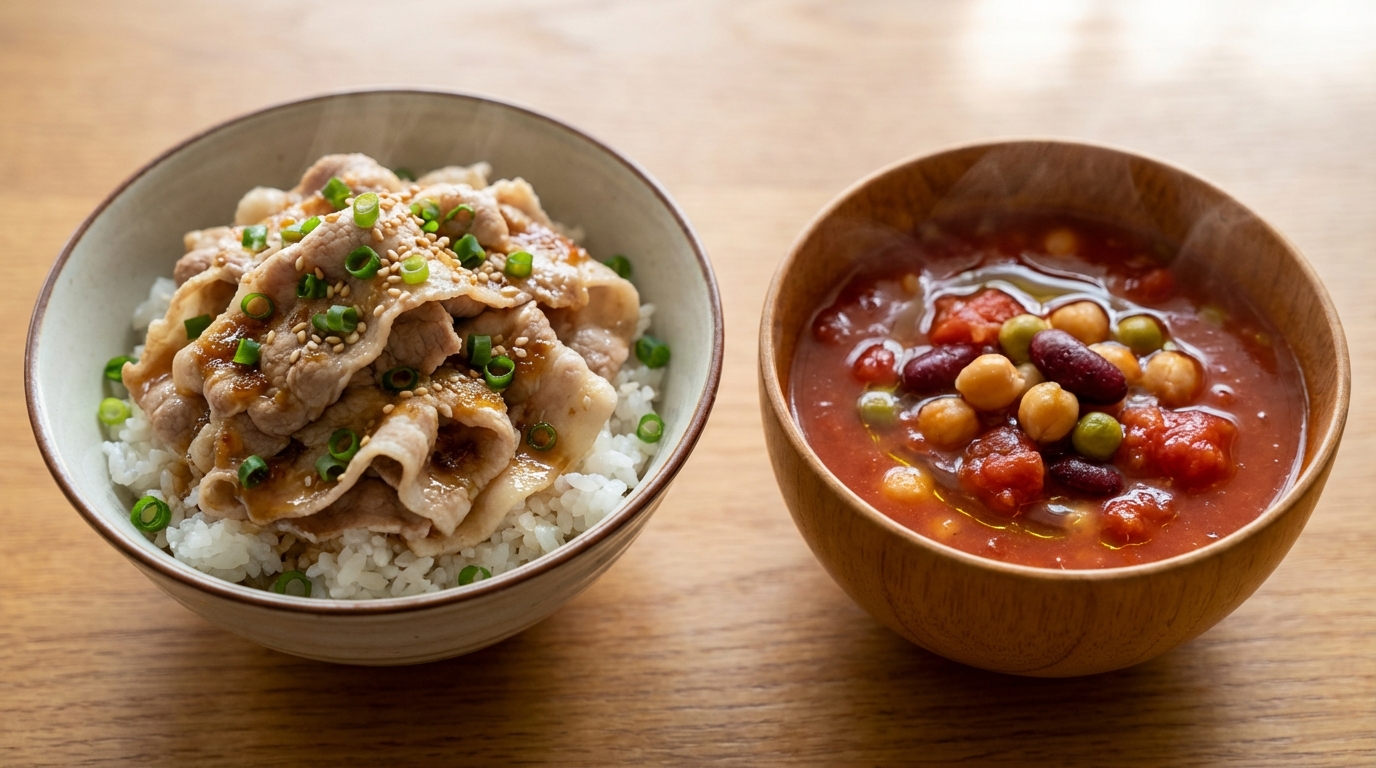 豚しゃぶの生姜じょうゆのっけごはんと、お豆たっぷりのトマトミネストローネ