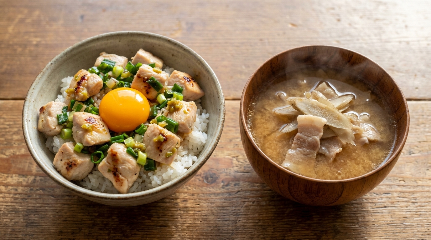 鶏むね肉のゆずこしょうねぎ塩ごはんと、豚バラごぼうの旨みたっぷりみそ汁