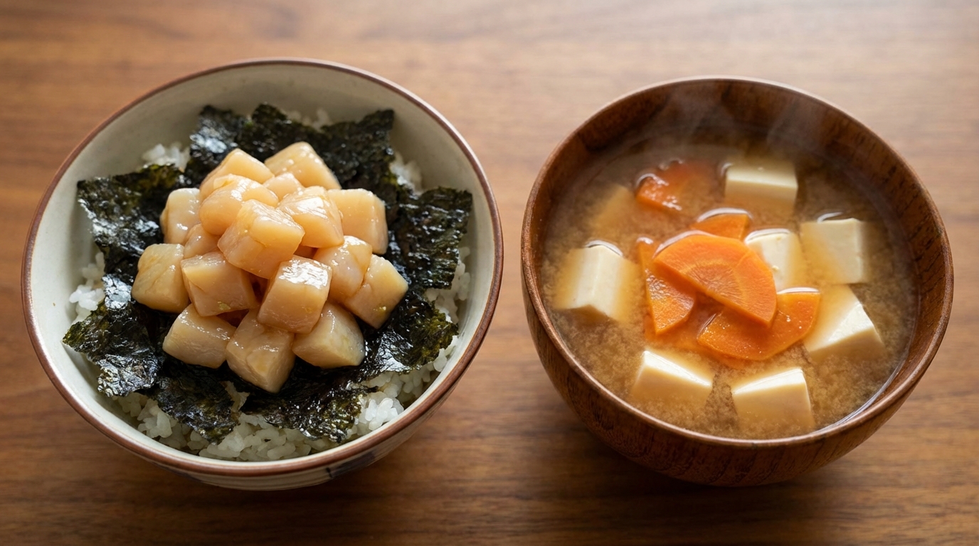 ほたてのわさびじょうゆのっけごはんと、豆腐とにんじんの彩りみそ汁