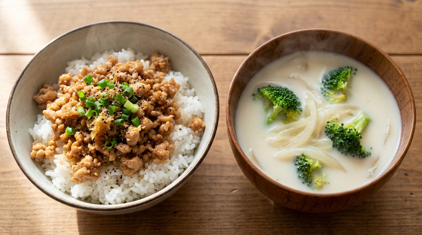鶏ひき肉の生姜じょうゆのっけごはんと、ブロッコリーのミルクスープ