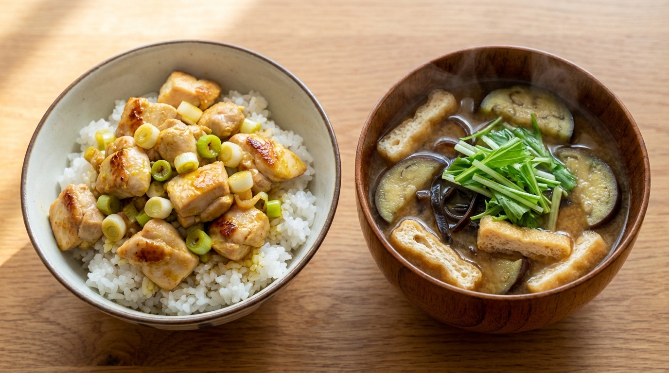 鶏むね肉のカレーねぎ塩のっけごはんと、なすと厚揚げの具だくさんみそ汁