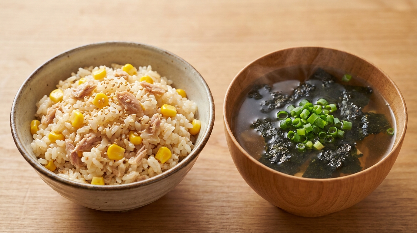 ツナとコーンのマヨごま混ぜごはんと、焼きのりとねぎの香りすまし汁