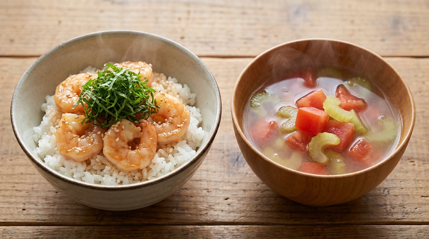 えびのレモンしょうゆのっけごはんと、トマトとセロリの爽やかレモンスープ
