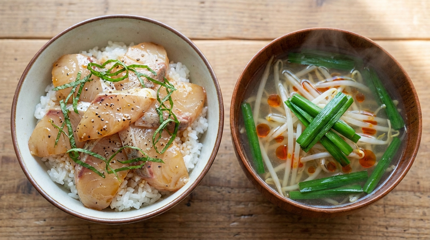 ひらめ青じそ黒こしょうわさびじょうゆのっけごはんともやしとにらのピリ辛スープ