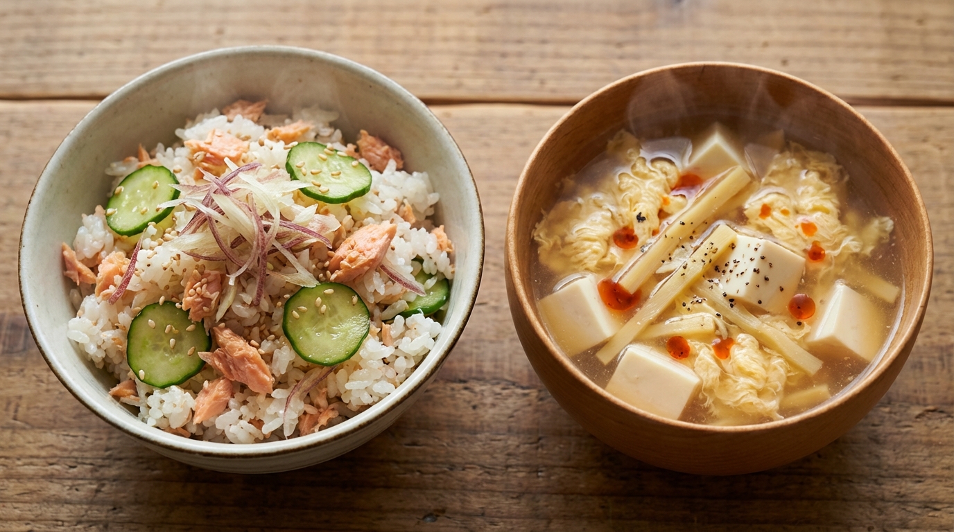 鮭フレークときゅうりのポン酢混ぜごはんと、豆腐とたけのこの酸辣湯風スープ
