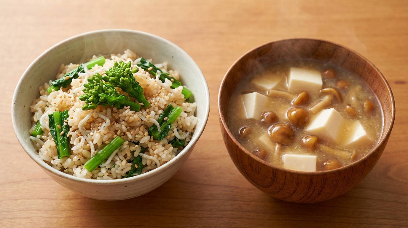 菜の花としらすの彩り混ぜごはんと、豆腐となめこのとろみみそ汁