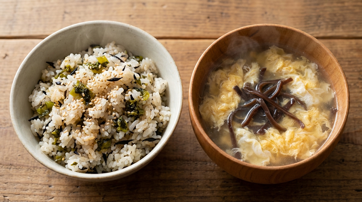 高菜とひじきの彩り混ぜごはんと、きくらげと卵の中華風スープ