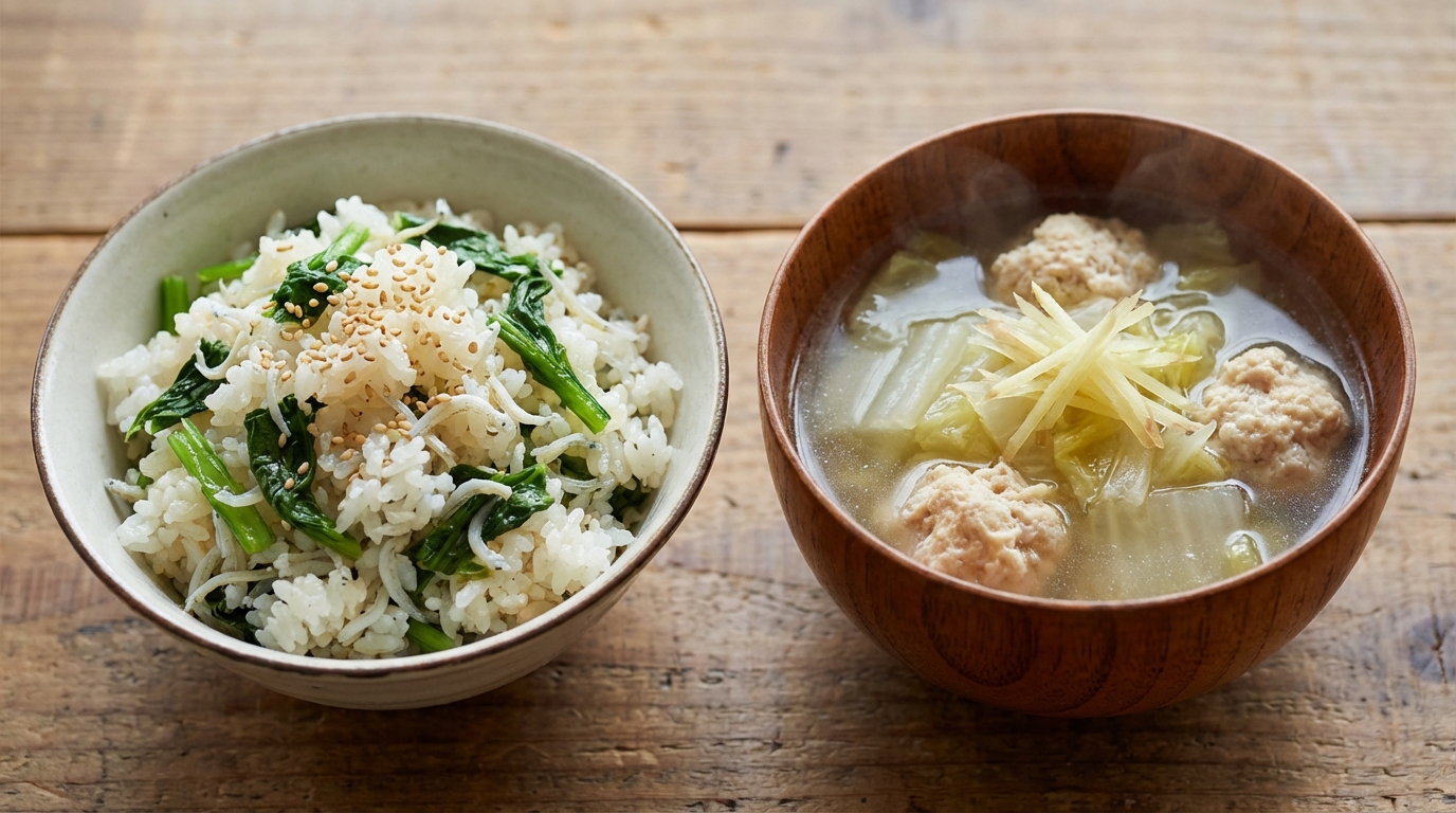 春菊としらすのレモン混ぜごはんと、鶏だんごと白菜のしょうがスープ