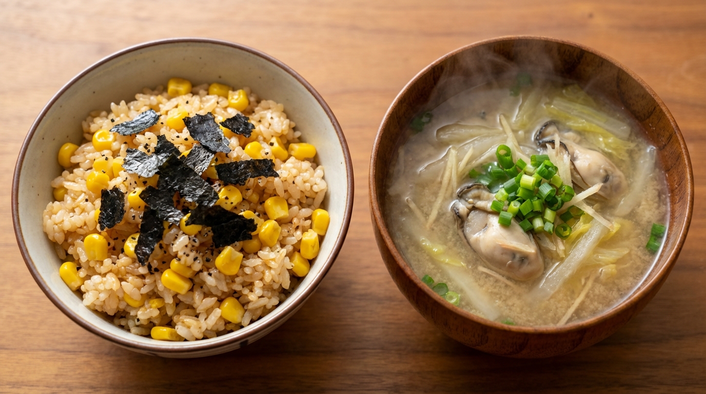 焼きのりバター醤油コーンの混ぜごはんと、牡蠣と白菜の生姜みそ汁