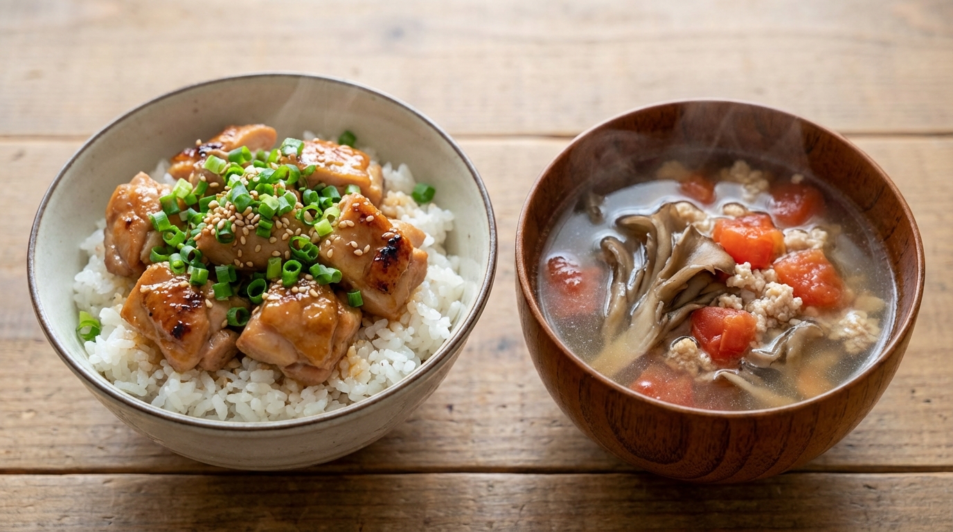 鶏もも肉の生姜じょうゆのっけごはんと、まいたけとトマトの鶏だしスープ