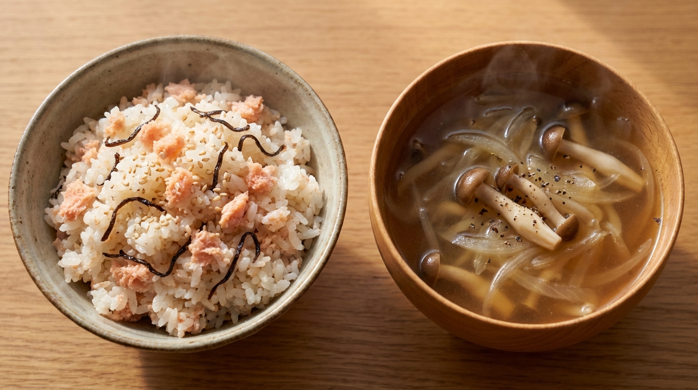 明太子と塩昆布の旨み混ぜごはんと、玉ねぎとしめじのコンソメスープ