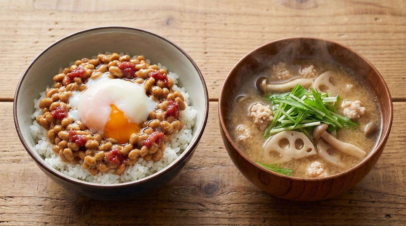 納豆と梅のさっぱり温泉卵のっけごはんと、鶏ひき肉とれんこんの具だくさんみそ汁