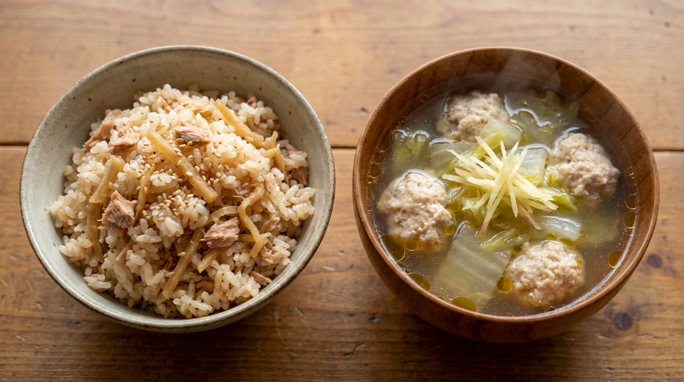 ツナと切り干し大根のポン酢混ぜごはんと、鶏だんごと白菜のしょうがスープ