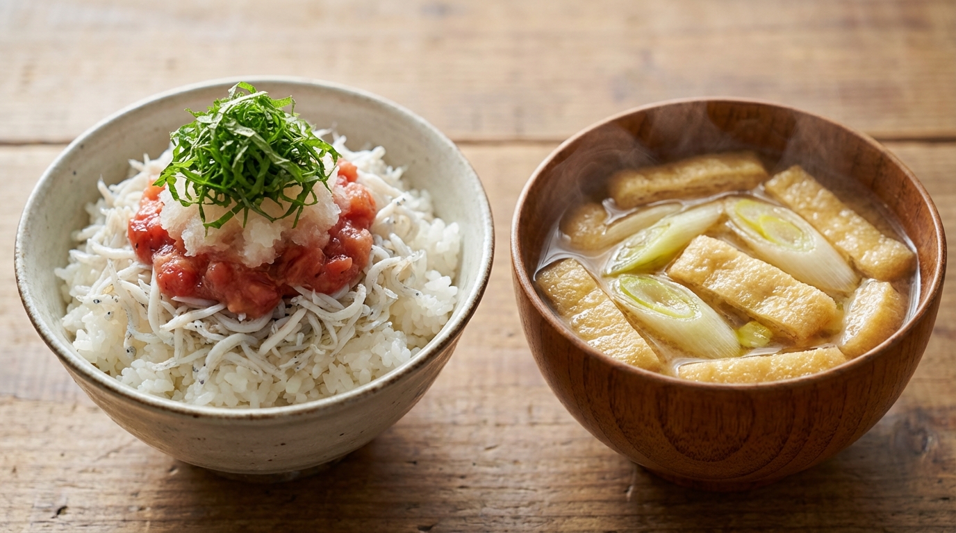しらすと梅のさっぱりおろしごはんと、油揚げと長ねぎの香ばしみそ汁