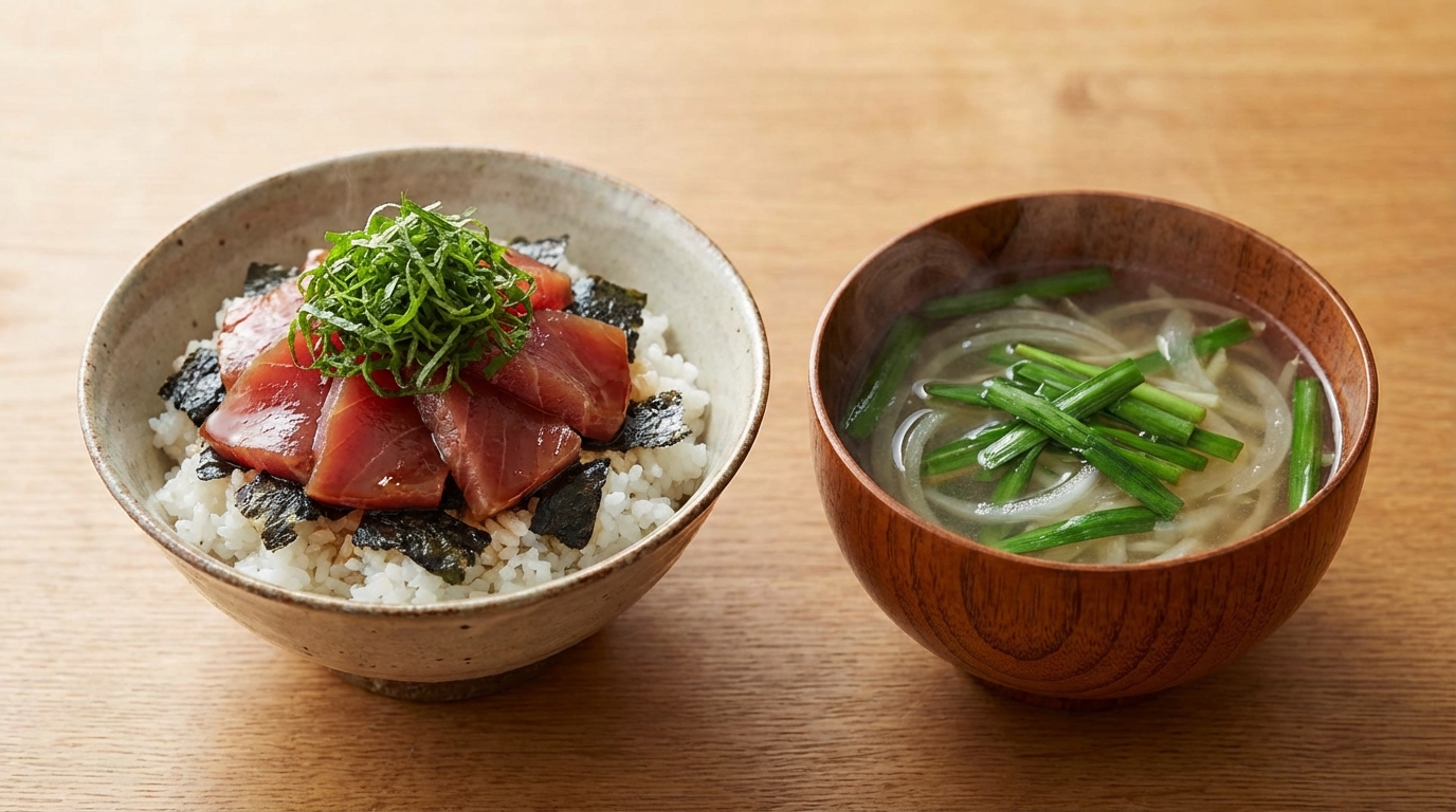 かつおの青じそわさびじょうゆのっけごはんと、にらと玉ねぎのさっぱりスープ