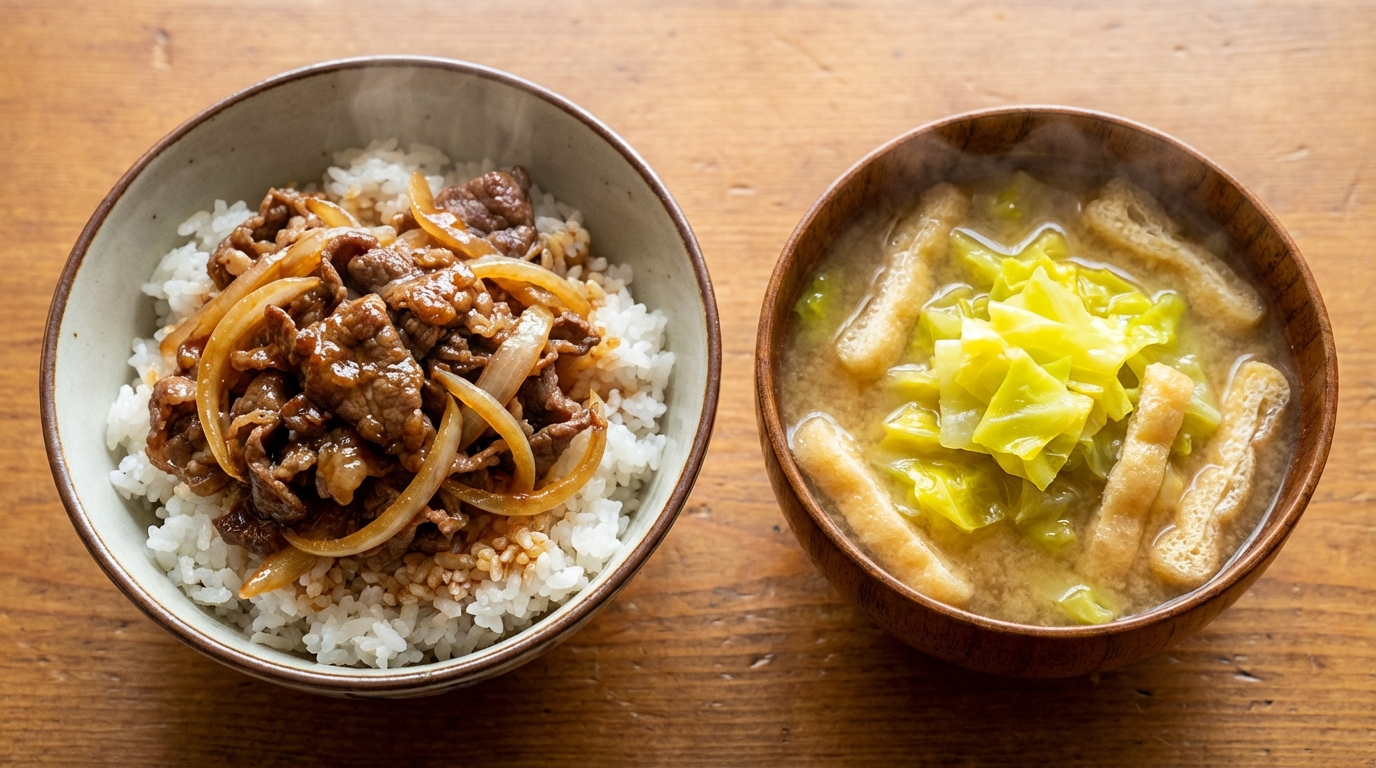 新玉ねぎと牛こまの甘辛のっけごはんと、春キャベツの甘み広がるみそ汁